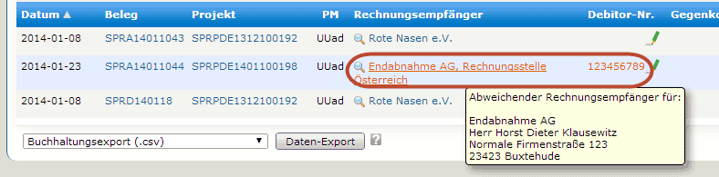 Alternative invoice recipients highlighted in accounting (German interface)